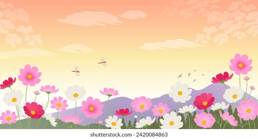 Cosmos and autumn landscape image background (2:1)