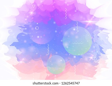 Cosmos background with abstract holographic landscape and future universe. Vintage mountain silhouette with wavy glitch. 3d fluid. Futuristic gradient and shape. Memphis cosmos background.