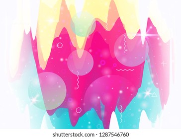 Cosmos background with abstract holographic landscape and future universe. Cute mountain silhouette with wavy glitch. 3d fluid. Futuristic gradient and shape. Memphis cosmos background.