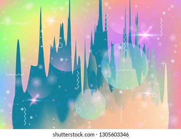 Cosmos background with abstract holographic landscape and future universe. Futuristic gradient and shape. 3d fluid. Liquid mountain silhouette with wavy glitch. Memphis cosmos background.