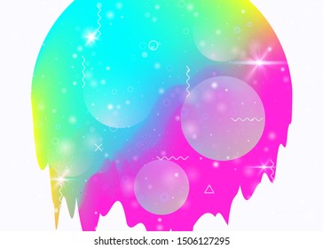 Cosmos background with abstract holographic landscape and future universe. Futuristic gradient and shape. 3d fluid. Girlish mountain silhouette with wavy glitch. Memphis cosmos background.