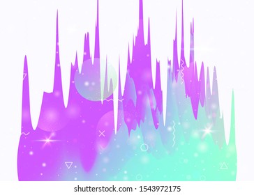 Cosmos background with abstract holographic landscape and future universe. 3d fluid. Trendy mountain silhouette with wavy glitch. Futuristic gradient and shape. Memphis cosmos background.