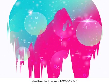 Cosmos background with abstract holographic landscape and future universe. Futuristic gradient and shape. Vintage mountain silhouette with wavy glitch. 3d fluid. Memphis cosmos background.
