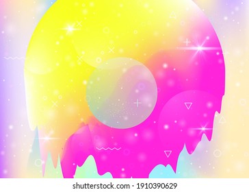Cosmos background with abstract holographic landscape and future universe. 3d fluid. Futuristic gradient and shape. Fluorescent mountain silhouette with wavy glitch. Memphis cosmos background.
