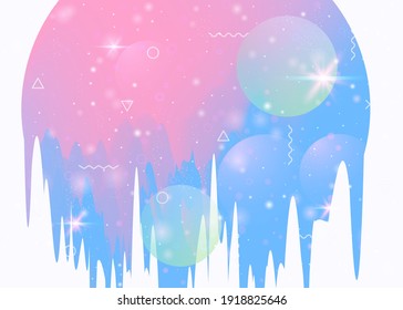 Cosmos background with abstract holographic landscape and future universe. Fluorescent mountain silhouette with wavy glitch. 3d fluid. Futuristic gradient and shape. Memphis cosmos background.