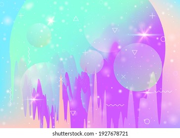 Cosmos background with abstract holographic landscape and future universe. Spectrum mountain silhouette with wavy glitch. Futuristic gradient and shape. 3d fluid. Memphis cosmos background.