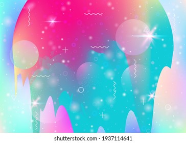 Cosmos background with abstract holographic landscape and future universe. Futuristic gradient and shape. 3d fluid. Stylish mountain silhouette with wavy glitch. Memphis cosmos background.