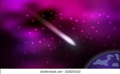 Cosmos background with flying comet. Mysterious galaxy with stars, dark purple design. Sci-fi theme for wallpapers or game asset. Vector  illustration