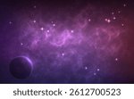 Cosmos background. Galaxy with bright stardust. Color starry nebula with planet. Magic outer space wallpaper. Fantastic space texture. Glowing universe with shining stars. Vector illustration.
