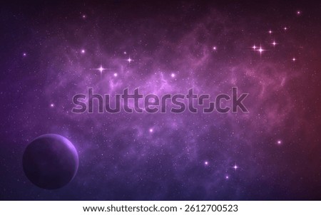 Cosmos background. Galaxy with bright stardust. Color starry nebula with planet. Magic outer space wallpaper. Fantastic space texture. Glowing universe with shining stars. Vector illustration.