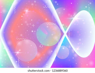 Cosmos background with galaxy and universe shapes and star dust. Fantastic space landscape with planets. Holographic futuristic gradients. 3d fluid with magic sparkles. Memphis cosmos background.
