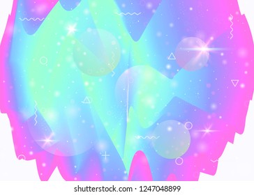 Cosmos background with galaxy and universe shapes and star dust. Fantastic space landscape with planets. 3d fluid with magic sparkles. Holographic futuristic gradients. Memphis cosmos background.