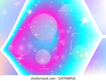 Cosmos background with galaxy and universe shapes and star dust. Holographic futuristic gradients. Fantastic space landscape with planets. 3d fluid with magic sparkles. Memphis cosmos background.
