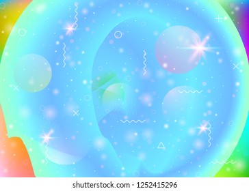 Cosmos background with galaxy and universe shapes and star dust. 3d fluid with magic sparkles. Holographic futuristic gradients. Fantastic space landscape with planets. Memphis cosmos background.
