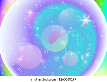Cosmos background with galaxy and universe shapes and star dust. 3d fluid with magic sparkles. Holographic futuristic gradients. Fantastic space landscape with planets. Memphis cosmos background.