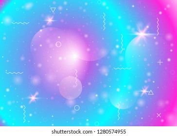 Cosmos background with galaxy and universe shapes and star dust. 3d fluid with magic sparkles. Holographic futuristic gradients. Fantastic space landscape with planets. Memphis cosmos background.