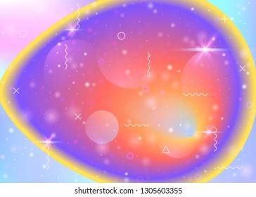 Cosmos background with galaxy and universe shapes and star dust. Holographic futuristic gradients. Fantastic space landscape with planets. 3d fluid with magic sparkles. Memphis cosmos background.