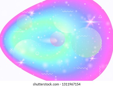 Cosmos background with galaxy and universe shapes and star dust. Holographic futuristic gradients. 3d fluid with magic sparkles. Fantastic space landscape with planets. Memphis cosmos background.