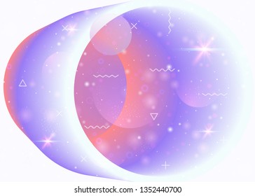Cosmos background with galaxy and universe shapes and star dust. 3d fluid with magic sparkles. Fantastic space landscape with planets. Holographic futuristic gradients. Memphis cosmos background.