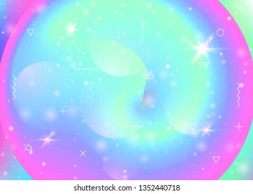 Cosmos background with galaxy and universe shapes and star dust. 3d fluid with magic sparkles. Fantastic space landscape with planets. Holographic futuristic gradients. Memphis cosmos background.