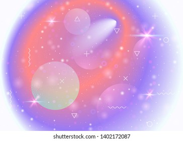 Cosmos background with galaxy and universe shapes and star dust. Holographic futuristic gradients. Fantastic space landscape with planets. 3d fluid with magic sparkles. Memphis cosmos background.