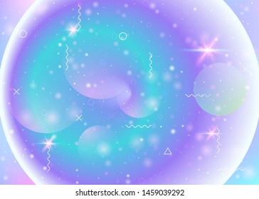 Cosmos background with galaxy and universe shapes and star dust. Fantastic space landscape with planets. Holographic futuristic gradients. 3d fluid with magic sparkles. Memphis cosmos background.