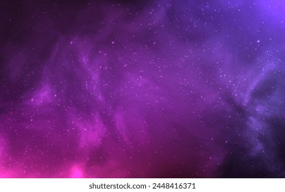 Cosmos background. Outer space with purple nebula. Bright colorful galaxy with glowing stars. Deep universe wallpaper. Fantasy cosmic texture. Vector illustration.