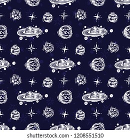 Cosmos Background. Outer Space Seamless pattern. Hand Drawn Doodle Cosmic Space: Planets, Stars, Comets. Cartoon Galaxy. Vector Universe
