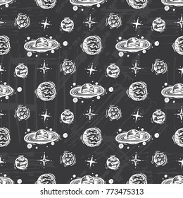 Cosmos Background. Outer Space Seamless pattern. Hand Drawn Doodle Cosmic Space: Planets, Stars, Comets. Cartoon Galaxy. Vector Universe
