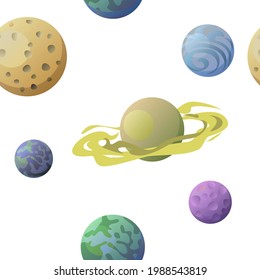 Cosmos background. Planets and satellites. Seamless pattern. Childrens illustration. Starry sky landscape. Isolated. Flat style. Cartoon design. Vector