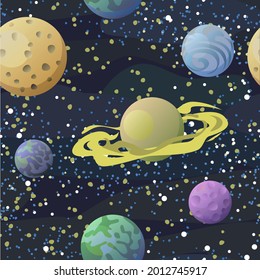 Cosmos background. Planets and satellites. Seamless pattern. Childrens illustration. Starry sky landscape. Flat style. Cartoon design. Vector