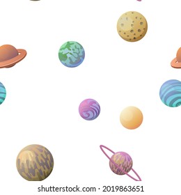 Cosmos background. Planets and satellites. Seamless pattern. Childrens illustration. Starry sky landscape. Isolated. Flat style. Cartoon design. Vector