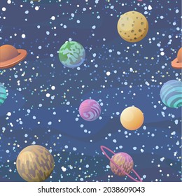 Cosmos background. Planets and satellites. Seamless pattern. Childrens illustration. Starry sky landscape. Flat style. Cartoon design. Vector.