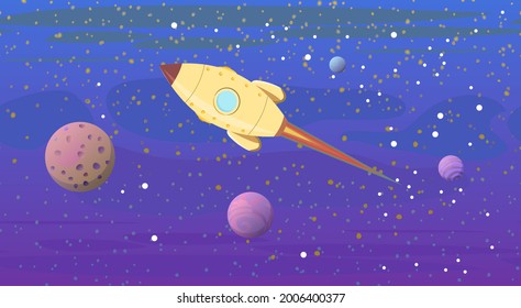 Cosmos background. The planets, their satellites and the rocket. Starry sky landscape. Dark colors. Flat style. Cartoon design. Vector