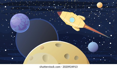 Kosmos-Hintergrund. Die Planeten, ihre Satelliten und die Rakete. Sternenhimmel-Landschaft. Dunkle Farben. Flacher Stil. Cartoon-Design. Vektorgrafik