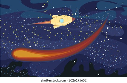 Cosmos background. Planets, their satellites, rocket and comet. Starry sky landscape. Dark colors. Flat style. Cartoon design. Vector