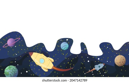 Cosmos background. The planets, their satellites and the rockets. Starry sky landscape. Frame bottom. Dark colors. Flat style. Cartoon design. Vector.