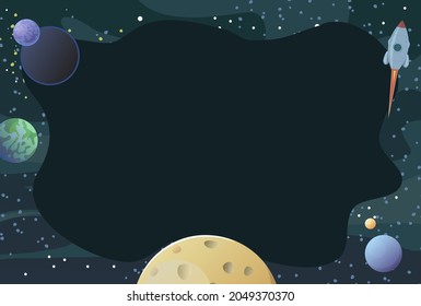 Cosmos background. Planets and their satellites. Frame. Starry sky landscape. Dark colors. Flat style. Cartoon design. Vector.