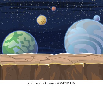 Cosmos background. Platform. Starry sky landscape. Planets. Flat style. Cartoon design. Vector