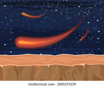 Cosmos background. Platform. Starry sky landscape. A bright comet. Flat style. Cartoon design. Vector