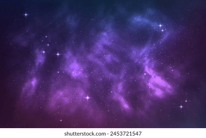 Cosmos background. Realistic purple galaxy with shining stars. Fantasy universe with constellation. Color milky way. Beautiful nebula wallpaper. Vector illustration.