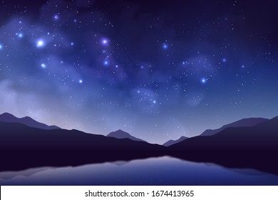 Cosmos background with realistic stardust, nebula, shining stars, mountains and lake. Colorful galaxy backdrop. Space vector illustration. Starry night, infinite universe, milky way.