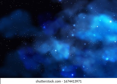 Cosmos background with realistic stardust, nebula and shining stars. Colorful galaxy backdrop. Space vector illustration. Starry night, infinite universe, milky way.