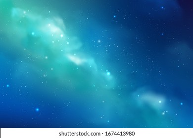 Cosmos background with realistic stardust, nebula and shining stars. Colorful galaxy backdrop. Space vector illustration. Starry night, infinite universe, milky way.