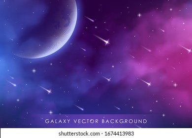 Cosmos background with realistic stardust, nebula, moon and shining stars. Colorful galaxy backdrop. Space vector illustration. Starry night, infinite universe, milky way.