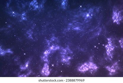 Cosmos background. Realistic starry texture. Nebula light effect. Beautiful stardust universe. Cosmic fantasy with stars. Glowing deep space for poster or banner. Vector illustration.