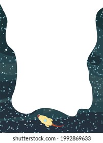 Cosmos background. The rocket. Frame. Starry sky landscape. Dark colors. Flat style. Cartoon design. Vector