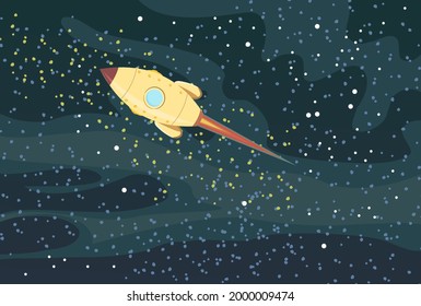 Cosmos background. The rocket. Starry sky landscape. Dark colors. Flat style. Cartoon design. Vector