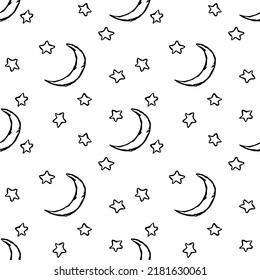 Cosmos background. Seamless pattern with moon sickle and stars