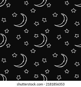 Cosmos background. Seamless pattern with moon sickle and stars
